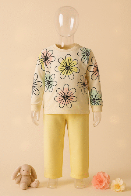 Sunny Bloom Lounge Set |Soft Yellow Two-Piece Floral Outfit for Girls