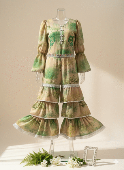 Meadow Whisper Tiered Jumpsuit – Green & Beige Boutique Floral Ensemble for Girls