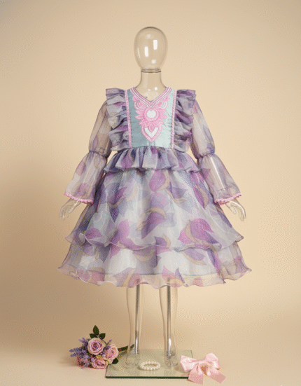 Lavender Bloom Embroidered Dress – Sheer Organza Princess Outfit for Girls